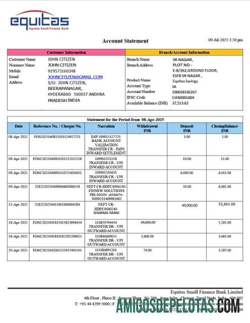 Modelo realista de extrato de conta bancária da Índia Equitas Small Finance em Word e PDF